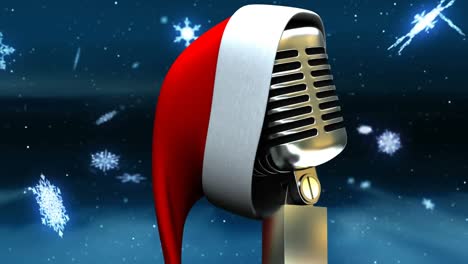 Animation-of-snow-falling-over-microphone-with-christmas-hat-on-dark-background