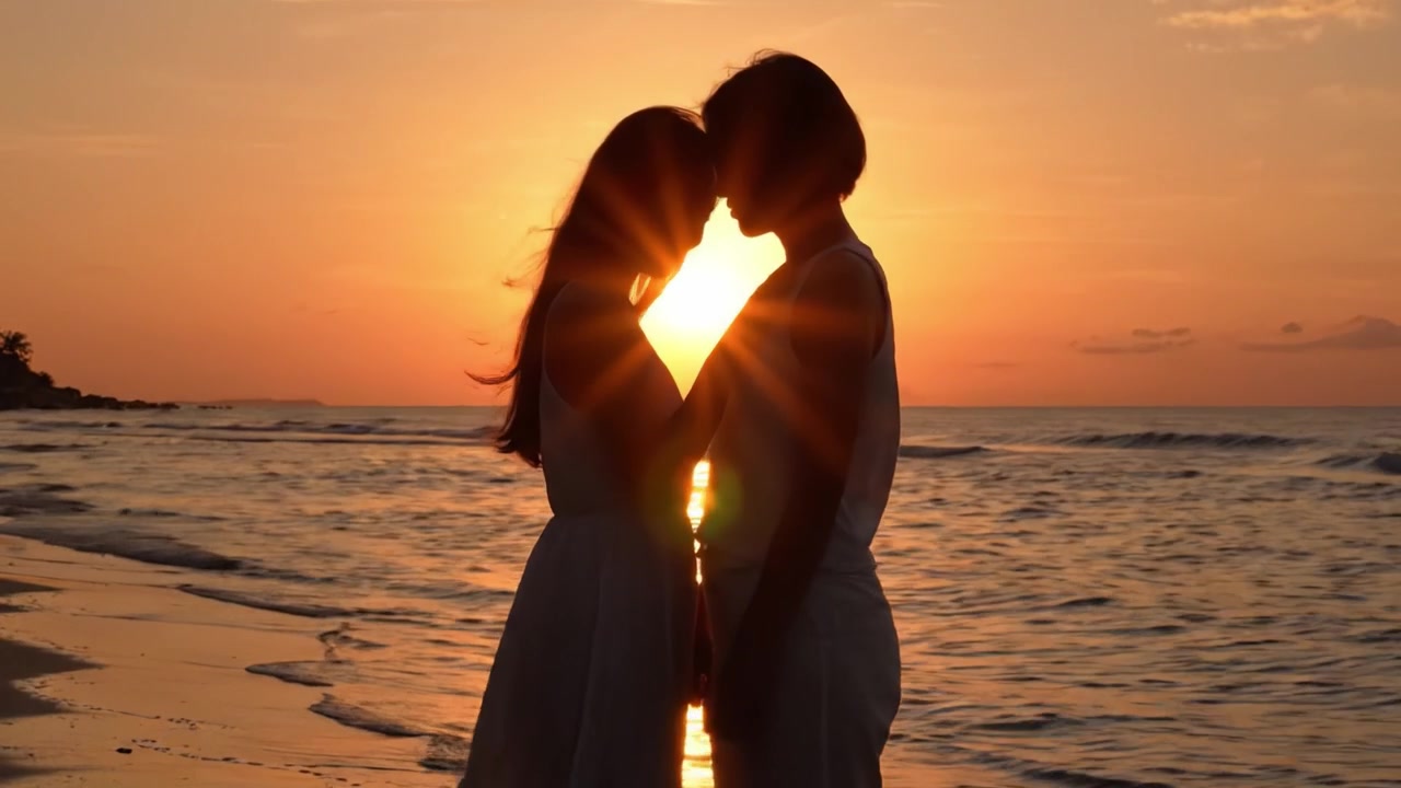 Un tramonto incantevole sulla spiaggia cattura due silhouette in un momento di intimità, mentre si tengono per mano, creando un'atmosfera romantica incorniciata dalla luce dorata.