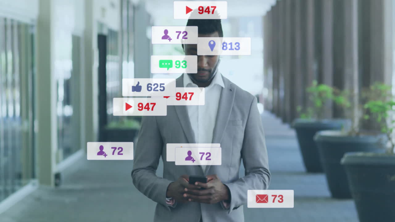 Animation of media icons over biracial businessman in city