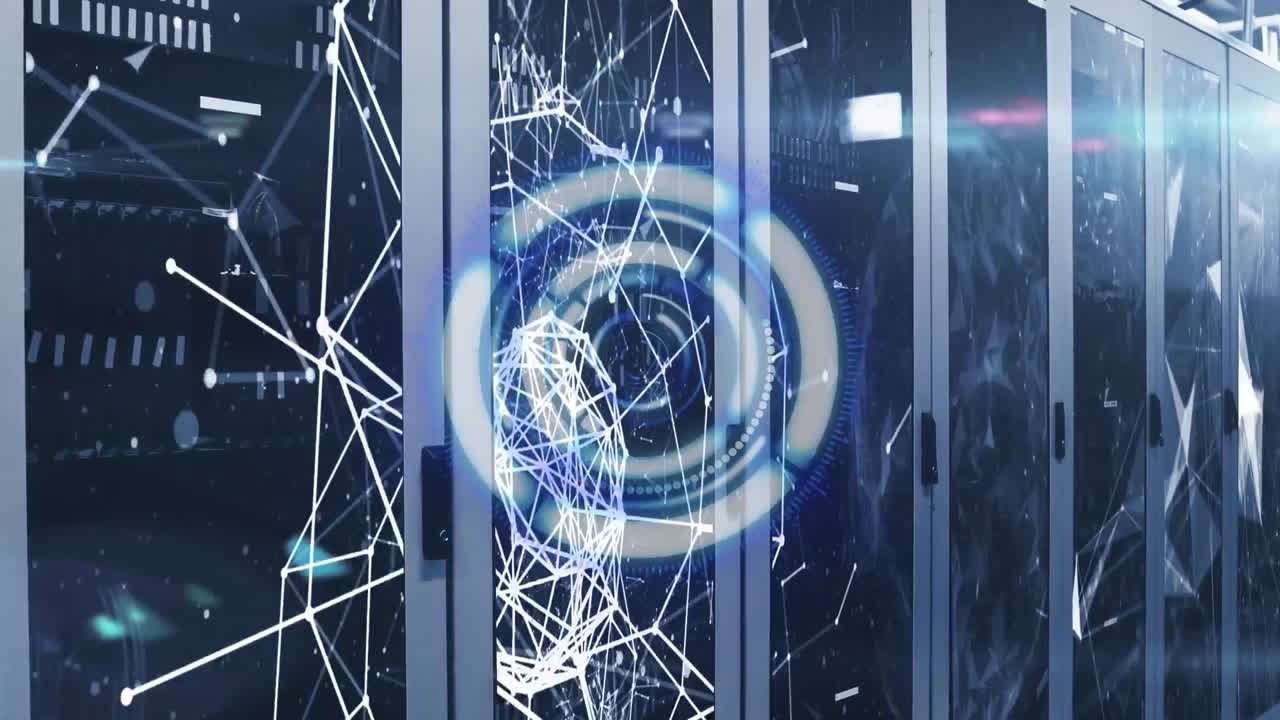 Animation of scope scanning and networks over tech room with computer servers