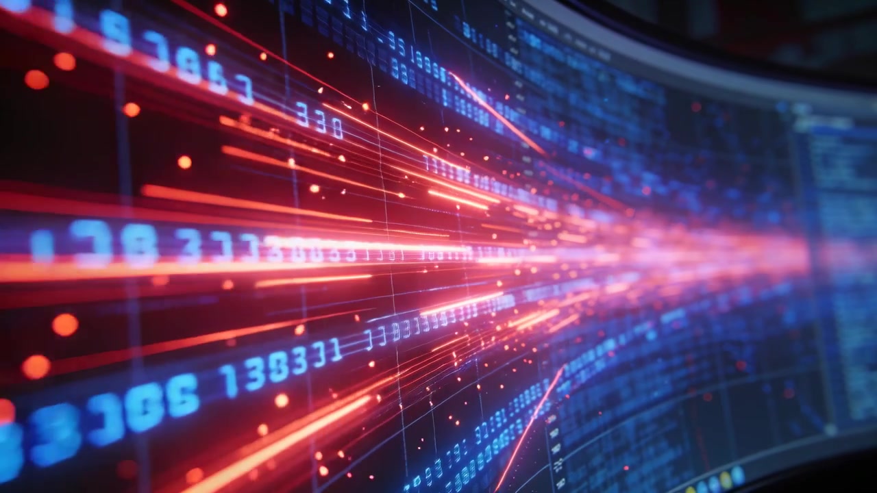 Starting playback curved monitor visualizing data red streaks blue digits sparks converging at desk