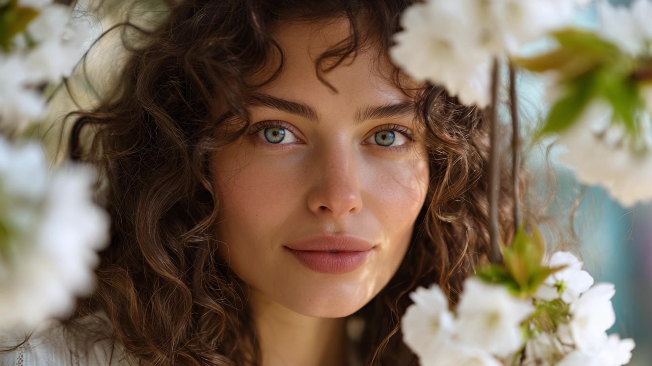 Boeiend portret van een jonge vrouw met prachtig krullend haar, omringd door delicate witte bloemen tegen een natuurlijke bloemenachtergrond.