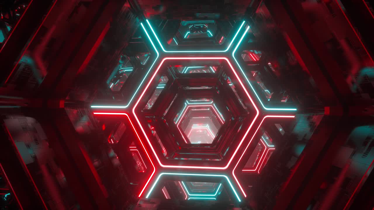 Flyver gennem en uendelig futuristisk sci-fi-tunnel. Lysende neonglødende heksagoner. Hyperjump ind i en anden galakse. Abstrakt kreativ digital baggrund. Moderne farverig belysning. Sømløs loop
