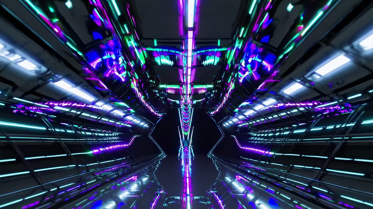 Vibrant neon lights illuminate a futuristic tunnel, reflecting on the glossy floor and creating a mesmerizing spectacle, ideal for technology, gaming, or music related projects