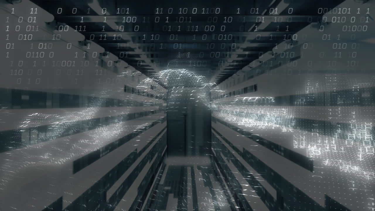 In server room, digital data streams flowing with binary code animation