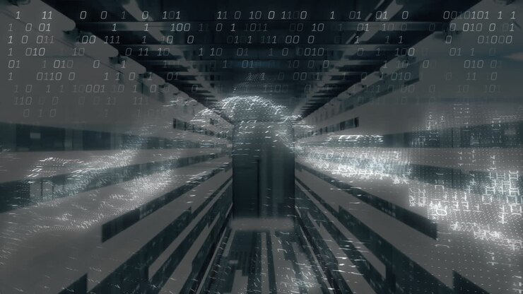 In server room, digital data streams flowing with binary code animation