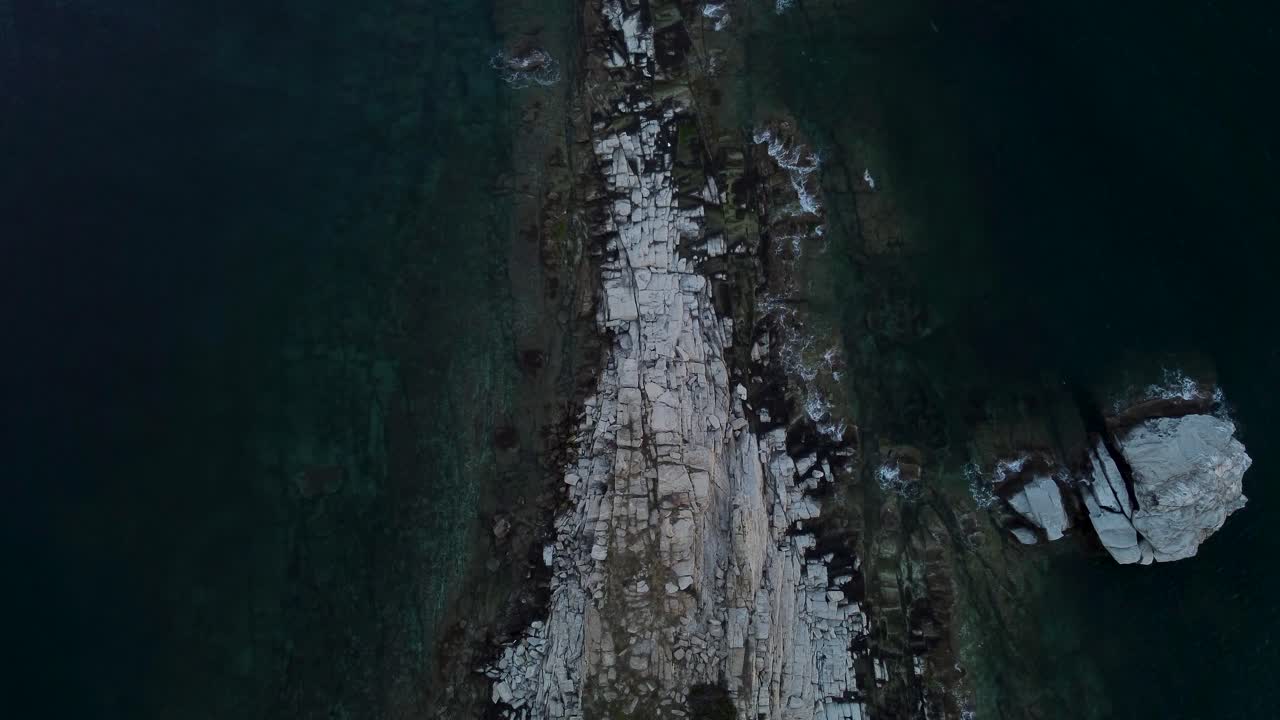 Top down aerial of rocks at seashore with sea birds flying