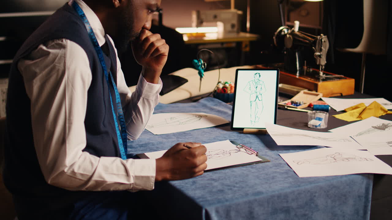 Tailor creating clothes sketches