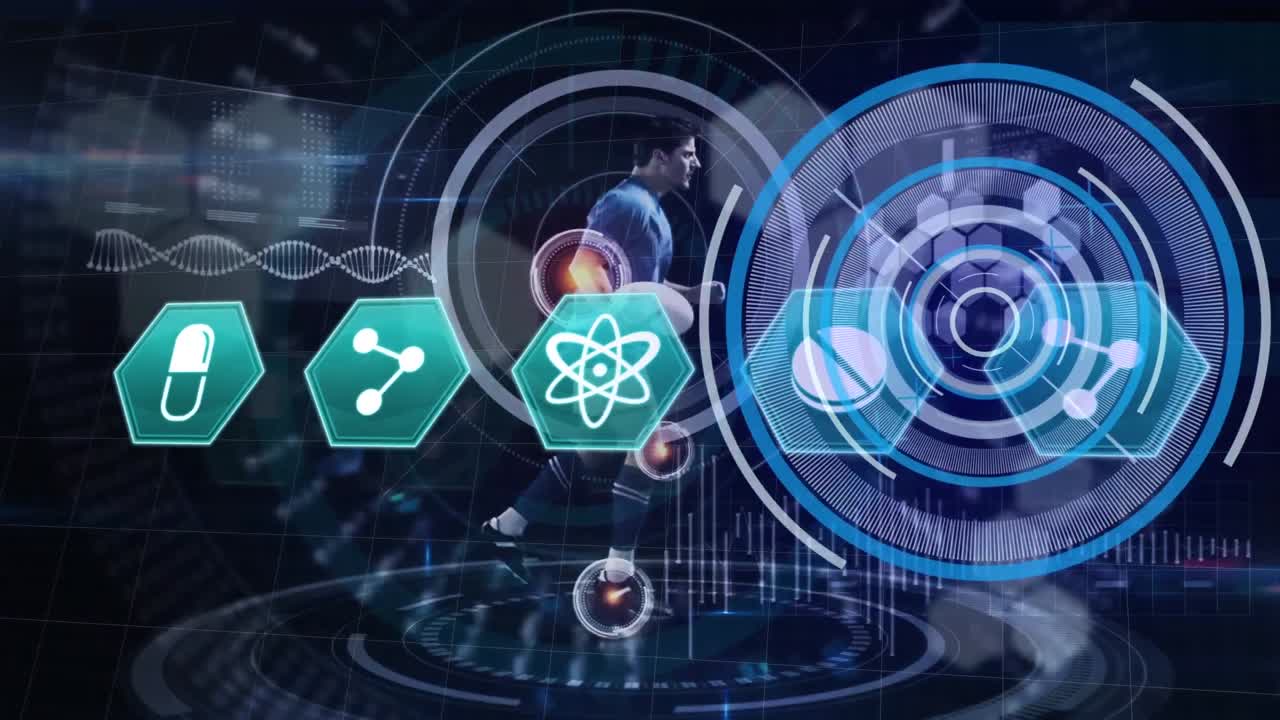 animazione dell'elaborazione dei dati su un giocatore di rugby maschio caucasico che corre con la palla