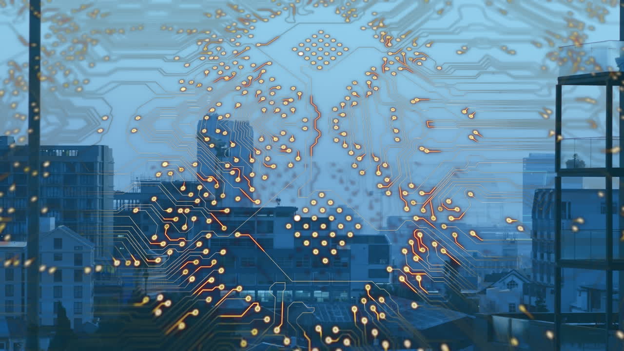 도시 풍경 위에 있는 컴퓨터 회로판의 애니메이션