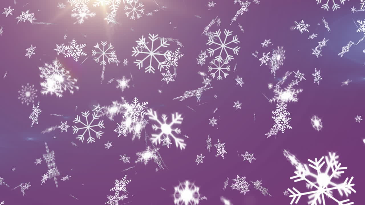 Digital animation of snowflakes falling against bright spot of light on purple background