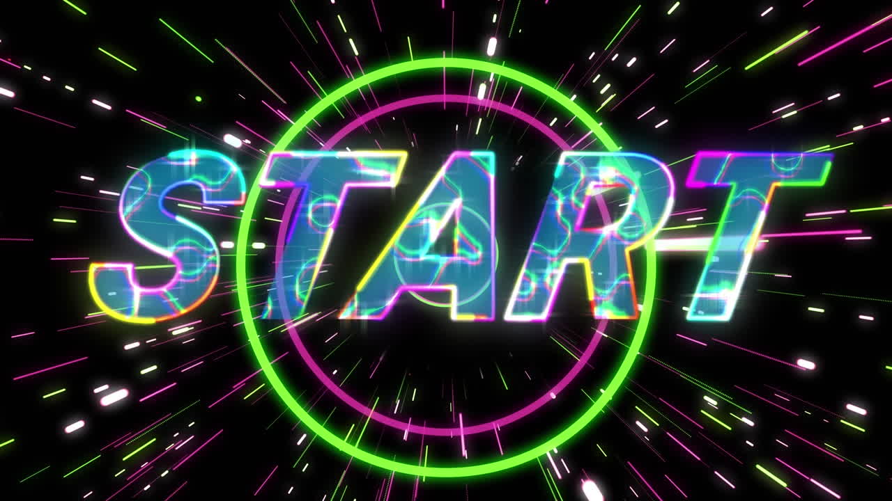 Animation of start text over light trails on black background
