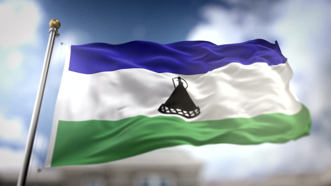 la bandera de lesotho ondeando en cámara lenta 3d con fondo de cielo azul - bucle sin costuras 4k