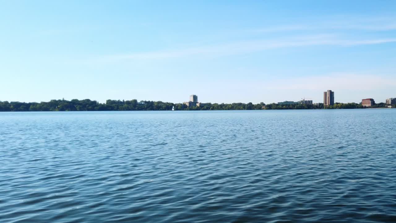Serene Lake View with City Skyline in the Background