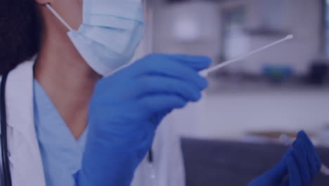 animación de moléculas sobre diversos médicos y pacientes que toman una prueba de swab.