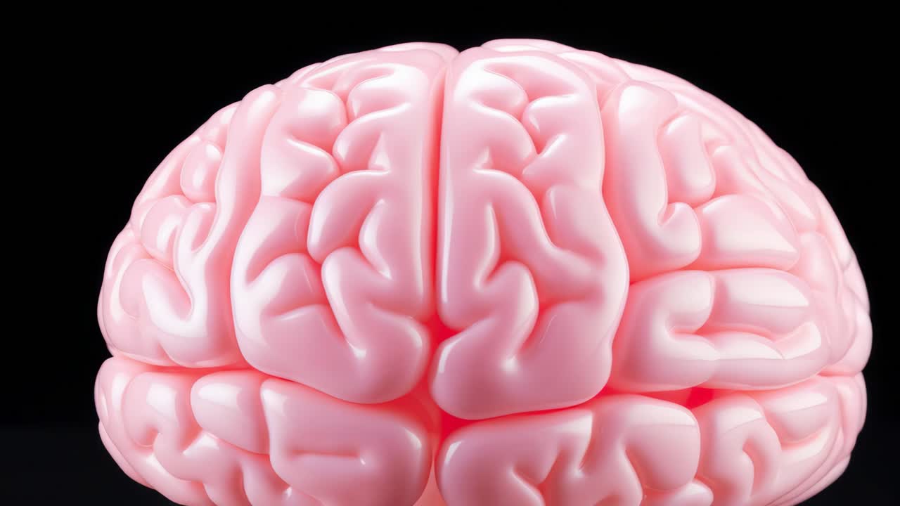 Pink plastic brain model illustrating concepts such as intelligence, creativity, memory, neurology, and mental health against a dark background