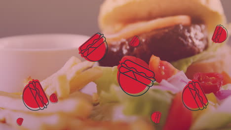 animación de hamburguesas flotando sobre la comida rápida