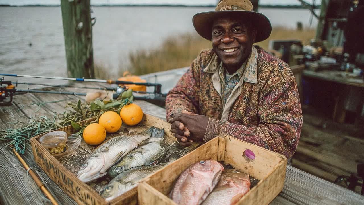 A Joyful Fisherman Displays His Fresh Catch of Fish Alongside Fresh Citrus in a Scenic Waterside Setting, Celebrating Nature's Bounty and the Art of Fishing