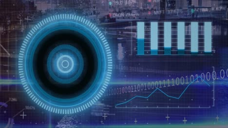 animación de círculo de escaneo, gráficos, códigos binarios y lenguaje informático sobre la ciudad