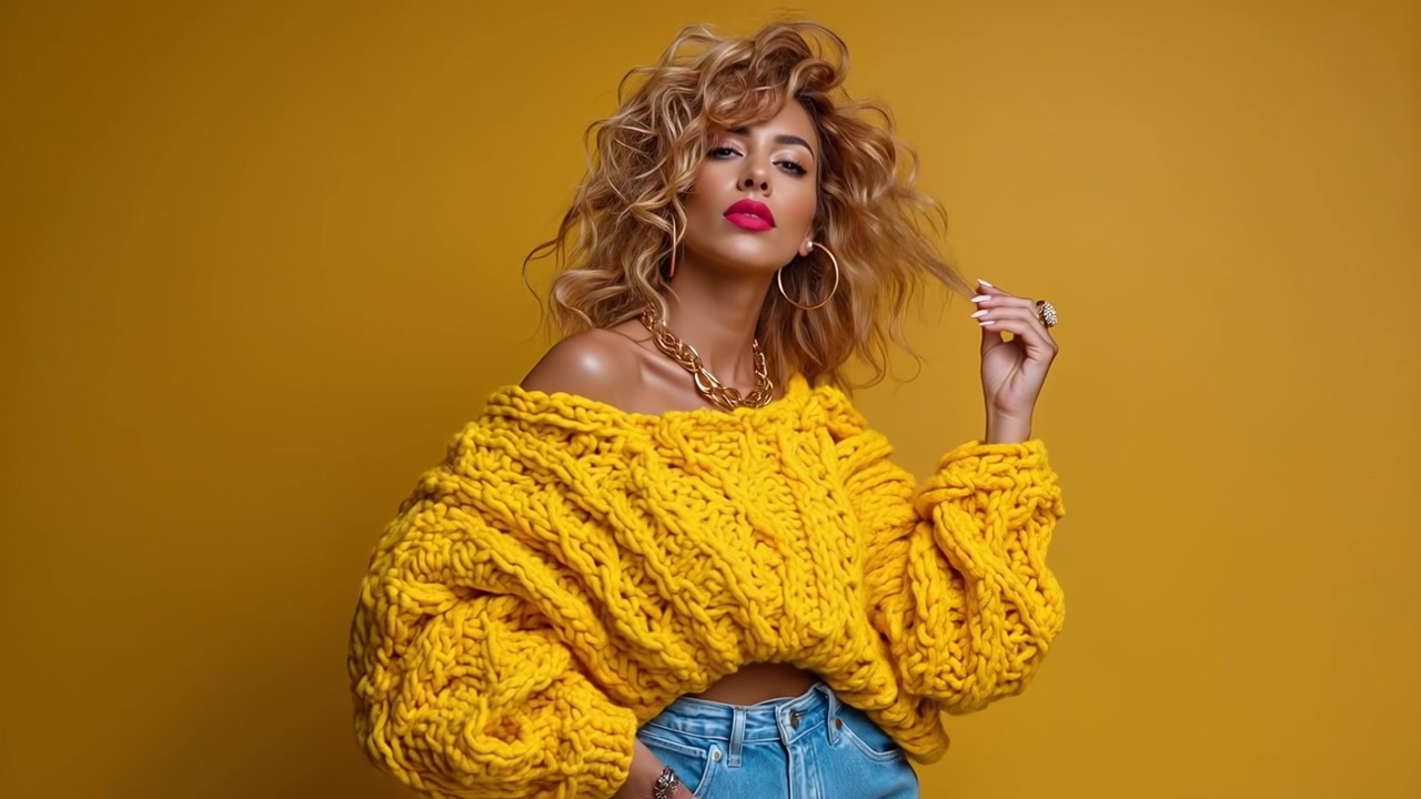Confident woman with curly hair posing in an oversized yellow knit sweater against a yellow background