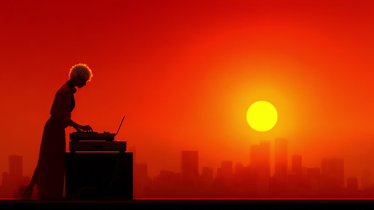 A Mesmerizing Sunset DJ Performance: Witness a Unique Moment as a DJ Enthralls the City with Electrifying Beats Against a Vibrant Sunset Backdrop, Creating a Captivating Atmosphere
