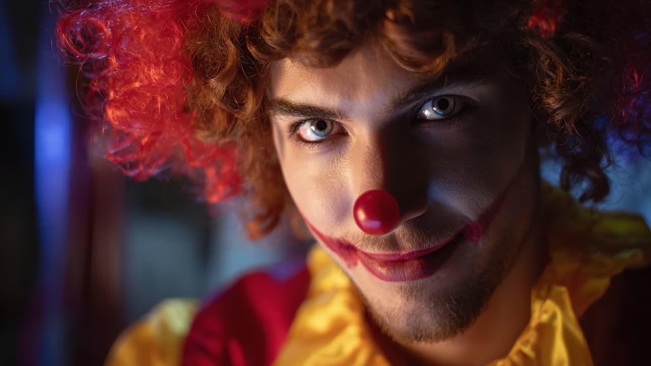 Intense clown character with vibrant red hair and striking blue eyes, showcasing unique makeup and a mischievous expression that captivates the viewer's attention