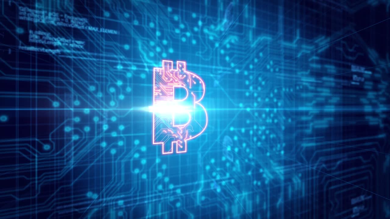 animación de un signo de citcoin naranja brillante sobre el zócalo del procesador azul