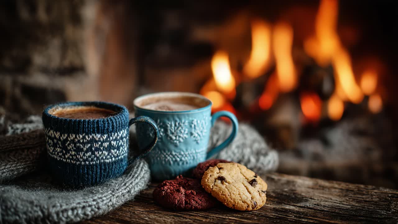 Warm Beverage and Cookie Pairing by the Cozy Fireplace: A Serene Winter Scene Capturing the Comfort of Hot Drinks and Sweet Treats in a Relaxing Atmosphere