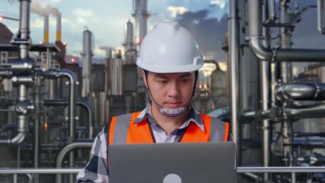 close up of asian male engineer with safety helmet working on a laptop while standing in a refinery, oil processing equipment and machinery