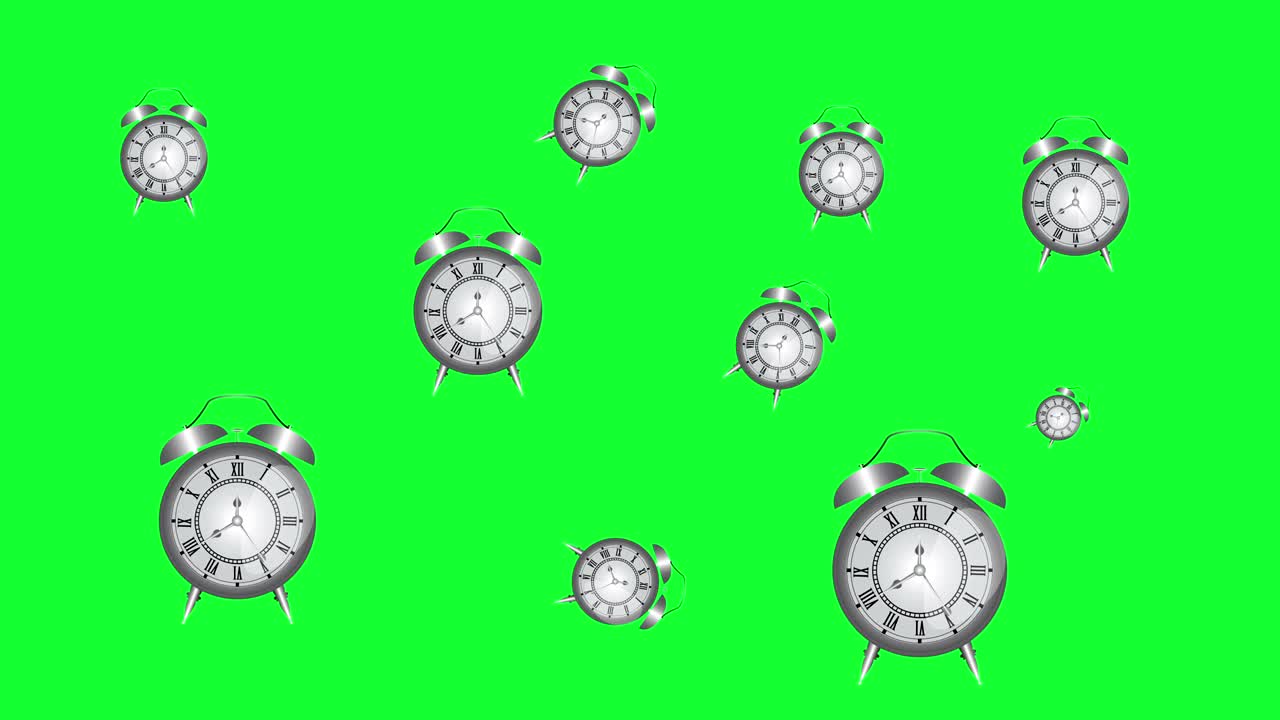 Group of animated cartoon vintage old style clocks, green screen chroma key background