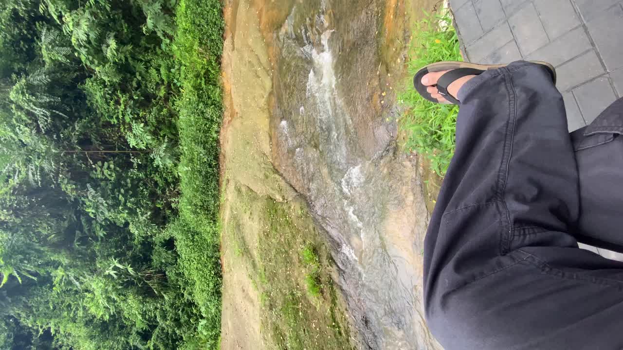 Person relaxing near a stream with lush green forest surroundings. Pov view, vertical video