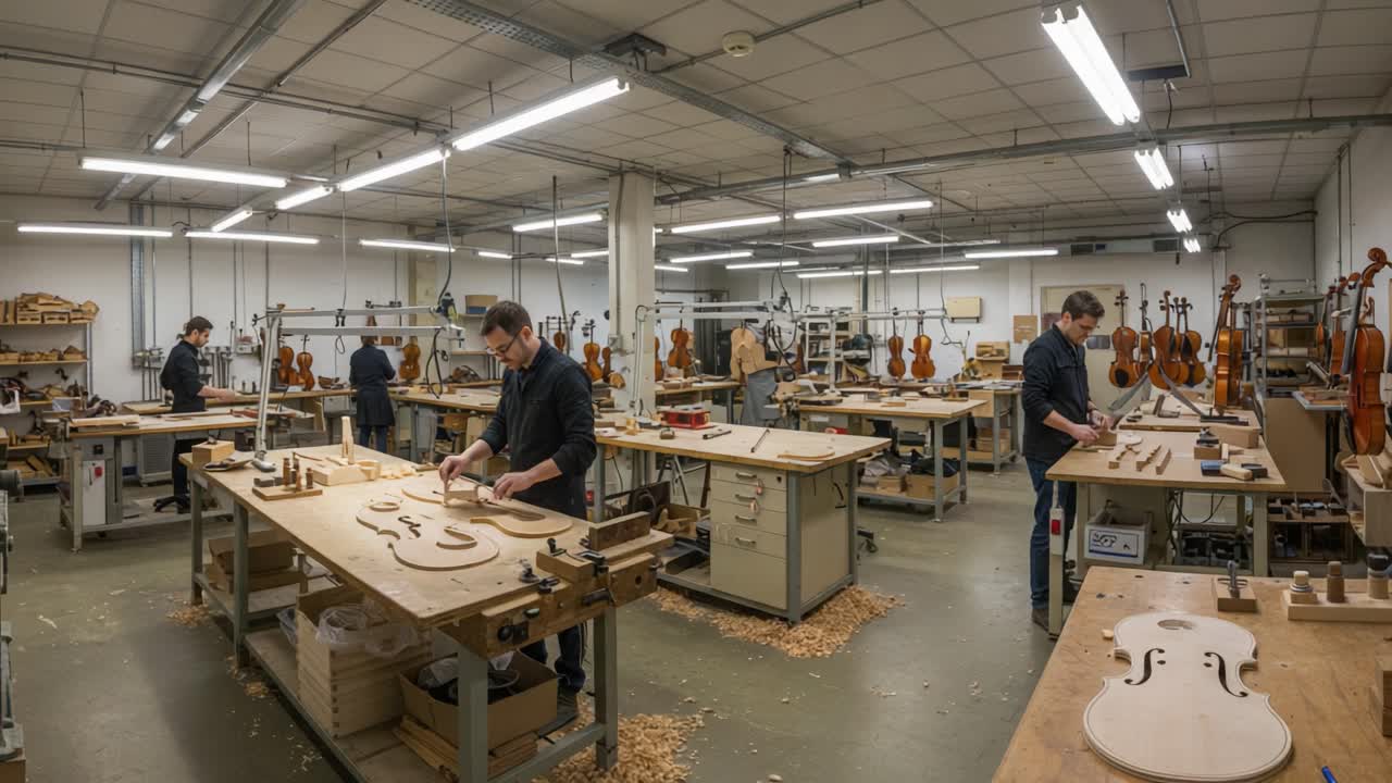 Artisans in a Workshop Craft Violins, Sculpting and Refining Wooden Instruments in a Lively Environment, Showcasing Detailed Craftsmanship and Precision Techniques