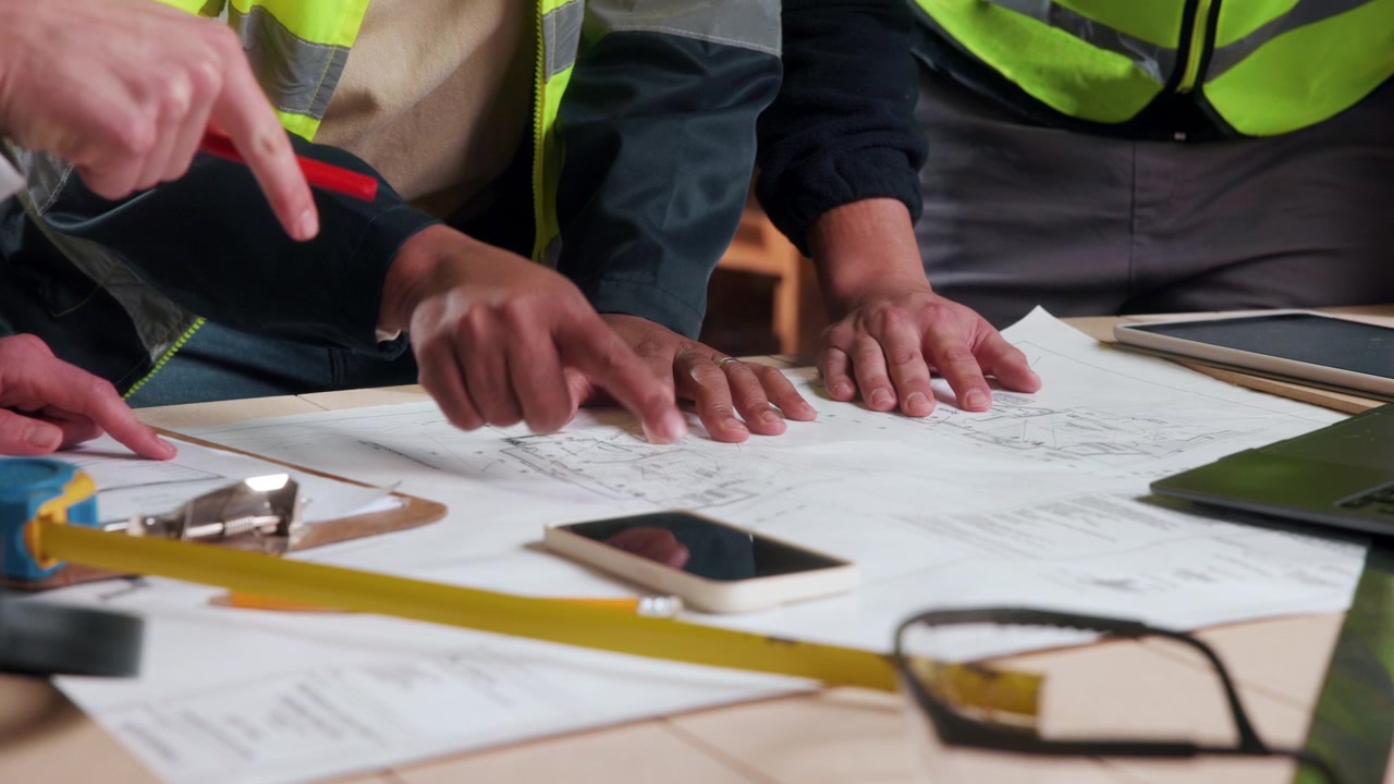 Construction Workers Reviewing Blueprints on a Table
