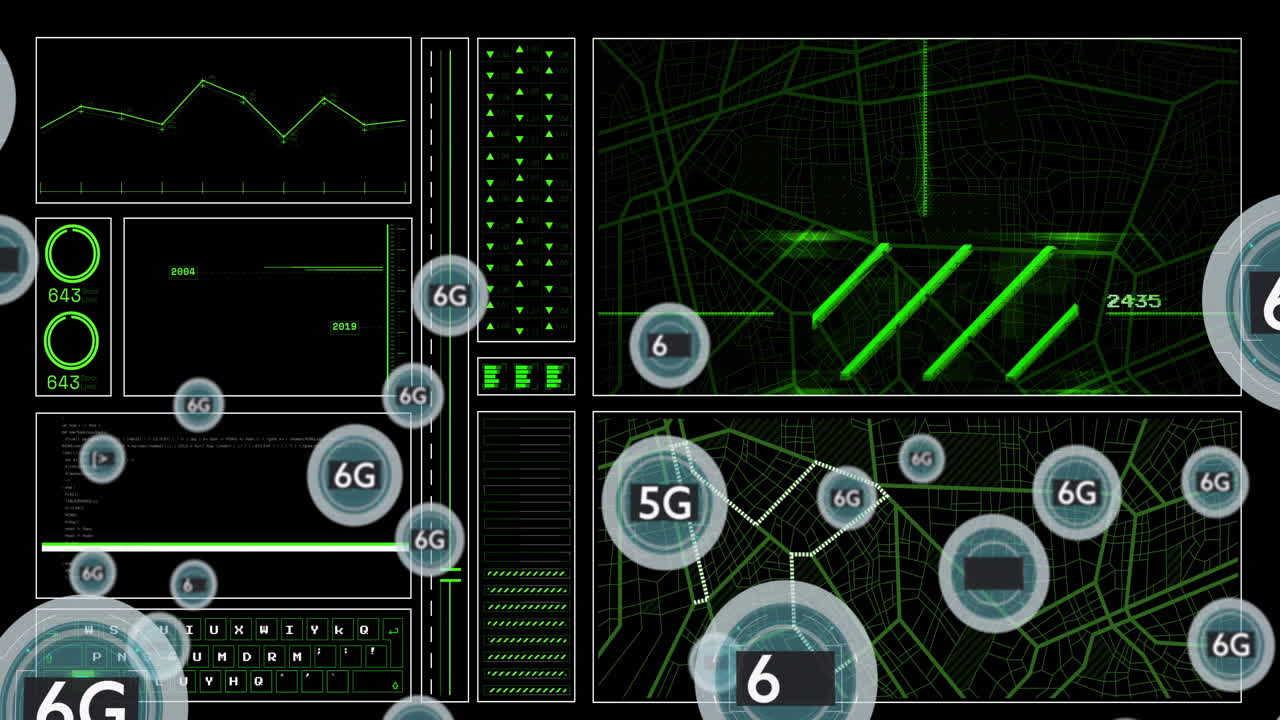 animación de texto de 6g con iconos y procesamiento de datos sobre fondo oscuro