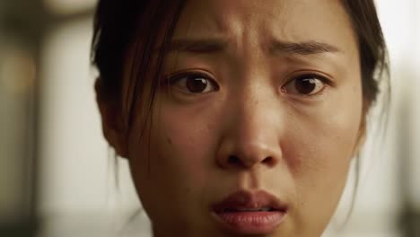 a woman appears deeply concerned, revealing her emotional turmoil. the setting exudes a subtle atmosphere, hinting at a significant internal conflict and heightened feelings.