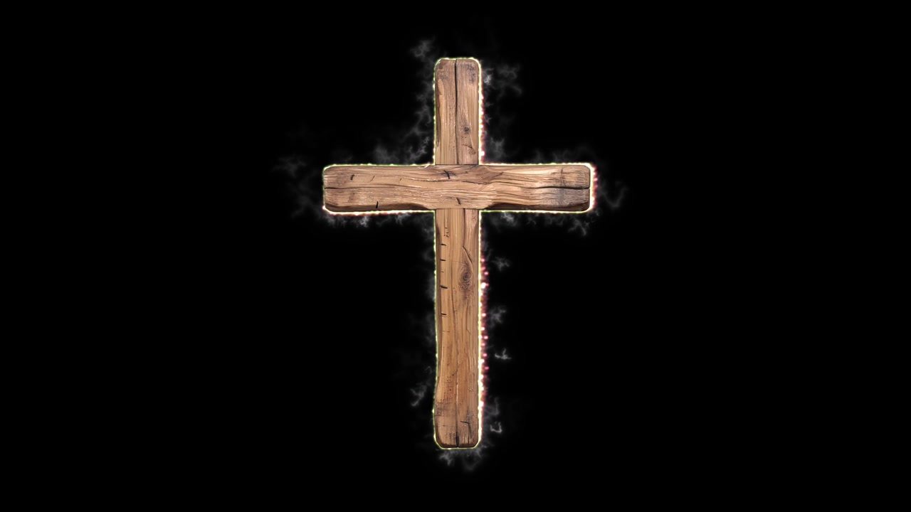 Detailed 3D weathered wooden Christian cross design 07, with aged wood grain, worn edges, rustic texture, and subtle smoky VFX surrounding it on a black background. Christianity, faith, religion.