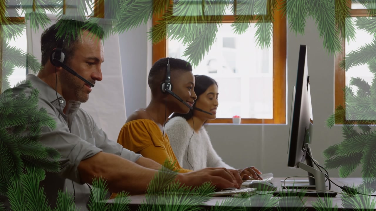 Animation of fir trees over diverse business people at office