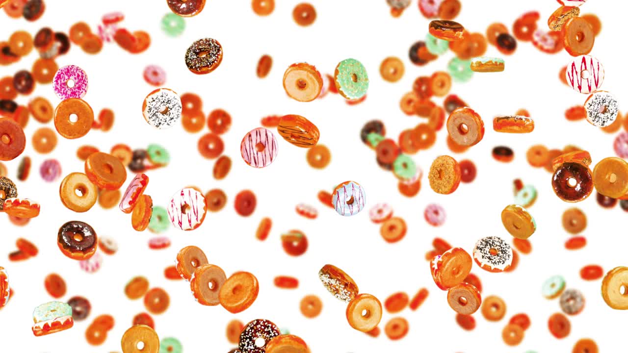 Viele bunte Donuts fliegen auf weißem Hintergrund. Donut-Kuchen, Süßigkeiten, Dessert. 3D-Animation eines rotierenden Donuts. Endlosschleife.