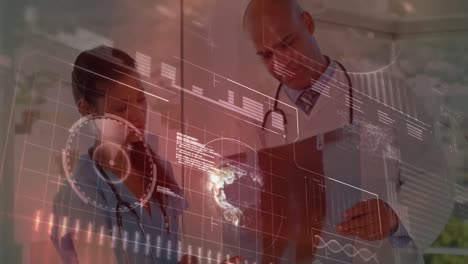 Animation-of-data-on-digital-screen-over-diverse-female-and-male-doctors