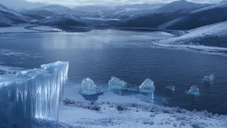 Winter Mountain Landscape with Frozen Lake and Ice Formations