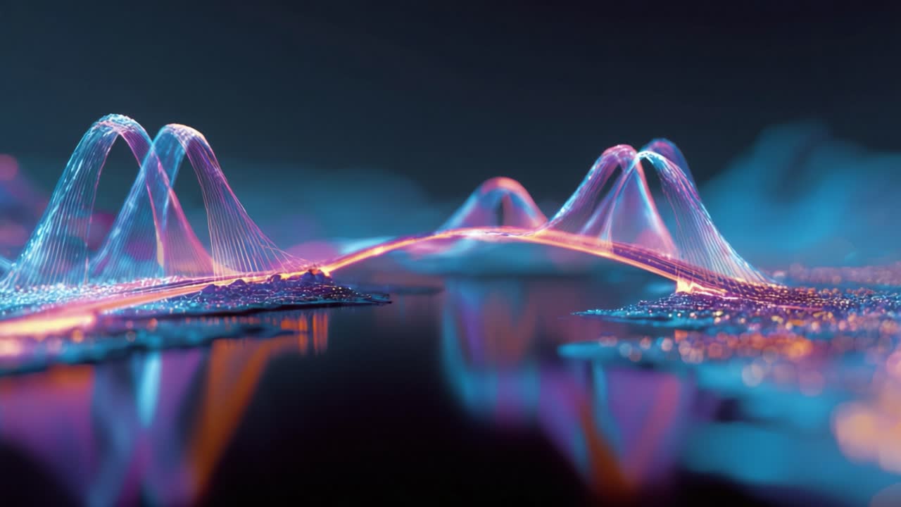 Glowing digital bridge of information connecting two abstract landscapes of data points, representing network communication, big data transfer, and global futuristic technology infrastructure