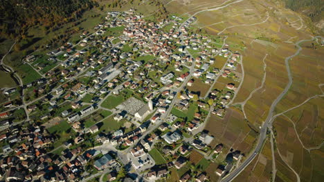 erde village in conthey, valais, switzerland during autumn - aerial shot