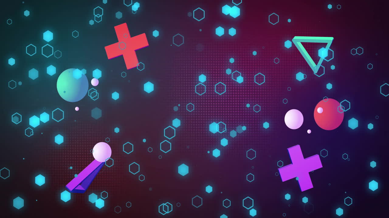 Animation of crosses, triangles and spheres over blue hexagons on dark background