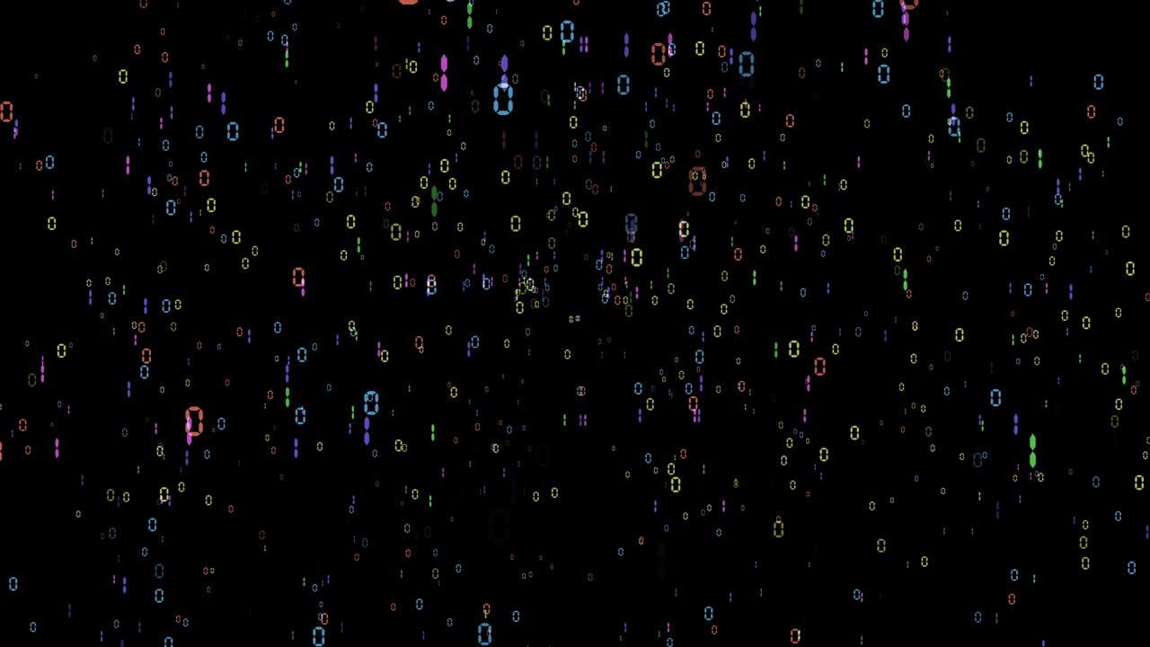Binary digital particle matrix colorful random number motion abstract on black screen