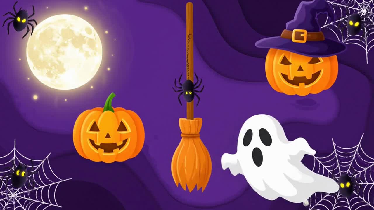 Uno sfondo di Halloween notturno spettrale e divertente con zucche e ragni