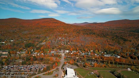 aerial over tannersville in upstate new york - catskills view with fall foliage