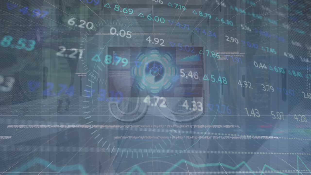 Animation of data processing over graphs and 5g text on grey background