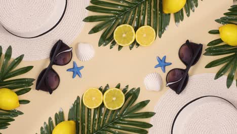 summer accessories with palm leaves and lemons move on two sides. stop motion