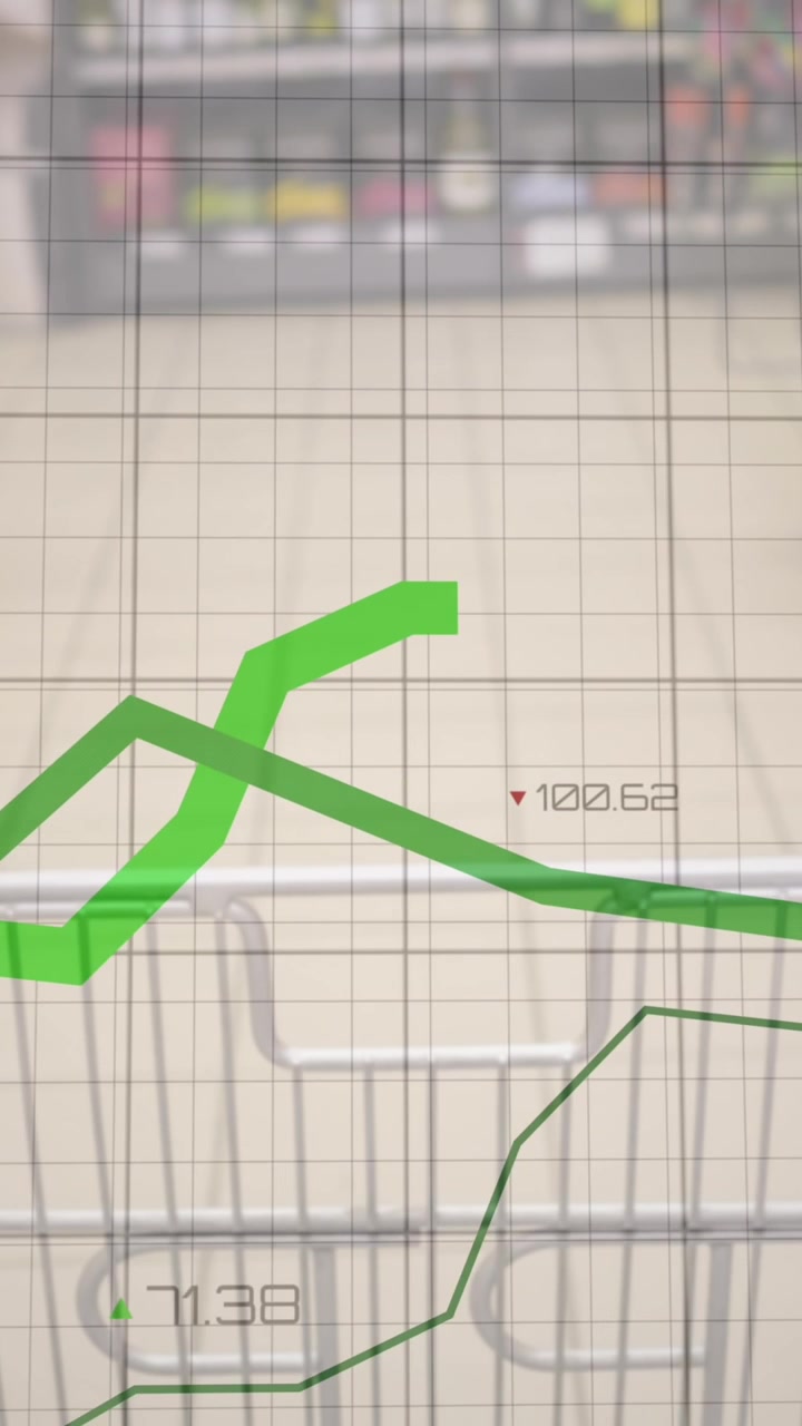 Animation of financial data processing over shopping trolley in shop