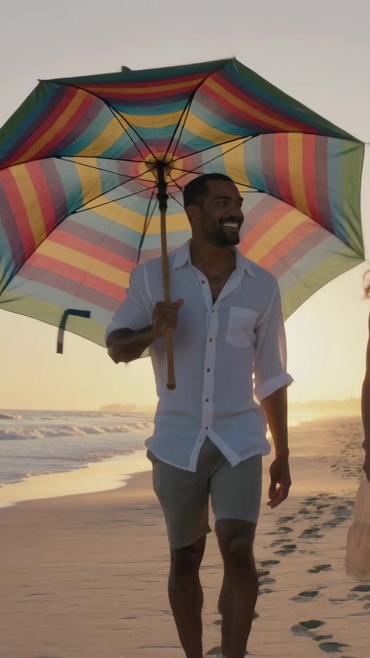 Vertical video: Walking man in shirt with rainbow umbrella on beach at sunset, turning to companion